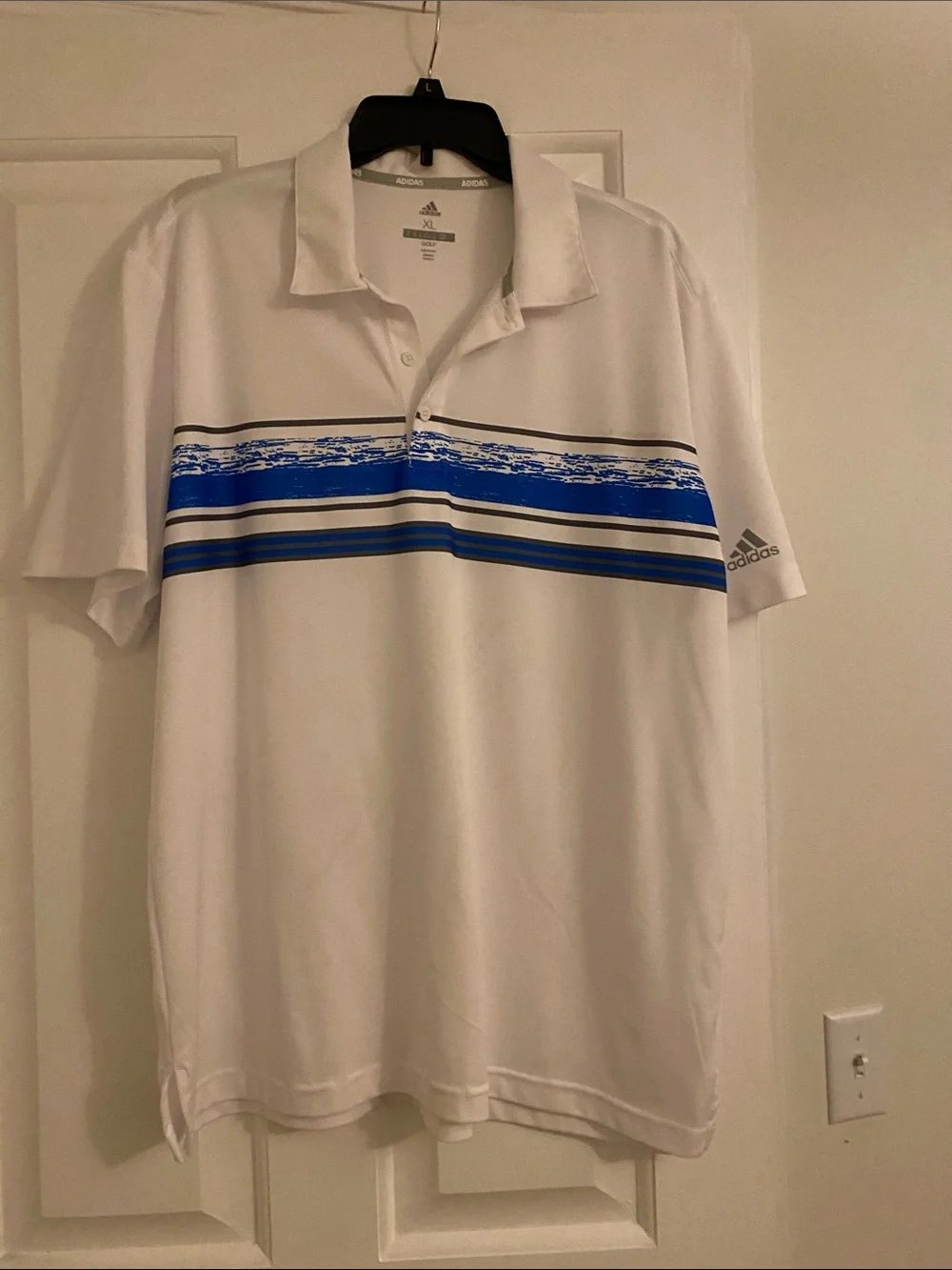 adidas White Polo with Blue Stripe Chest Band